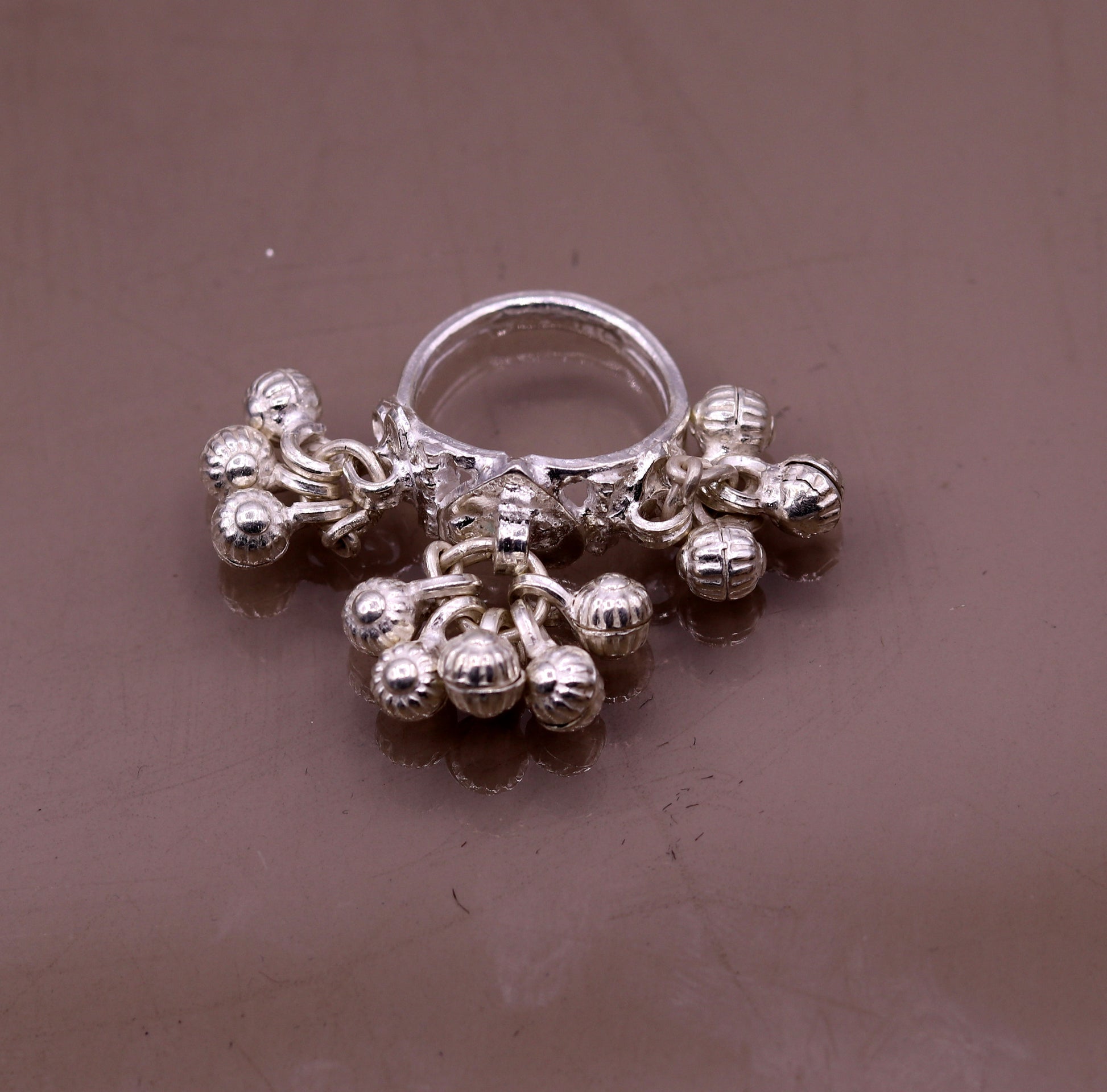 Sterling silver handmade gorgeous charm ring with fabulous noisy bells, excellent belly dance tribal antique jewelry india sr0208 - TRIBAL ORNAMENTS