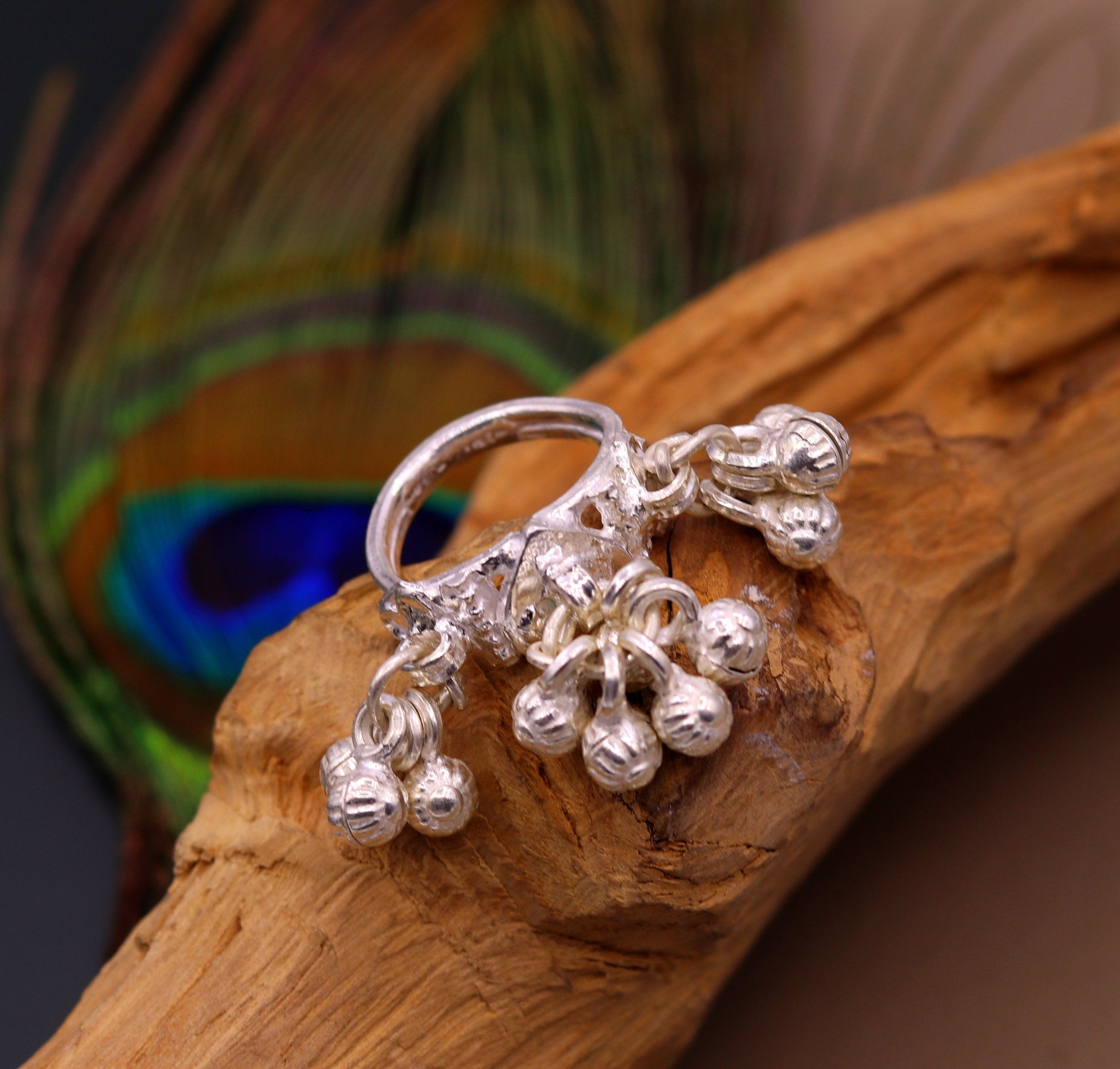 Sterling silver handmade gorgeous charm ring with fabulous noisy bells, excellent belly dance tribal antique jewelry india sr0208 - TRIBAL ORNAMENTS