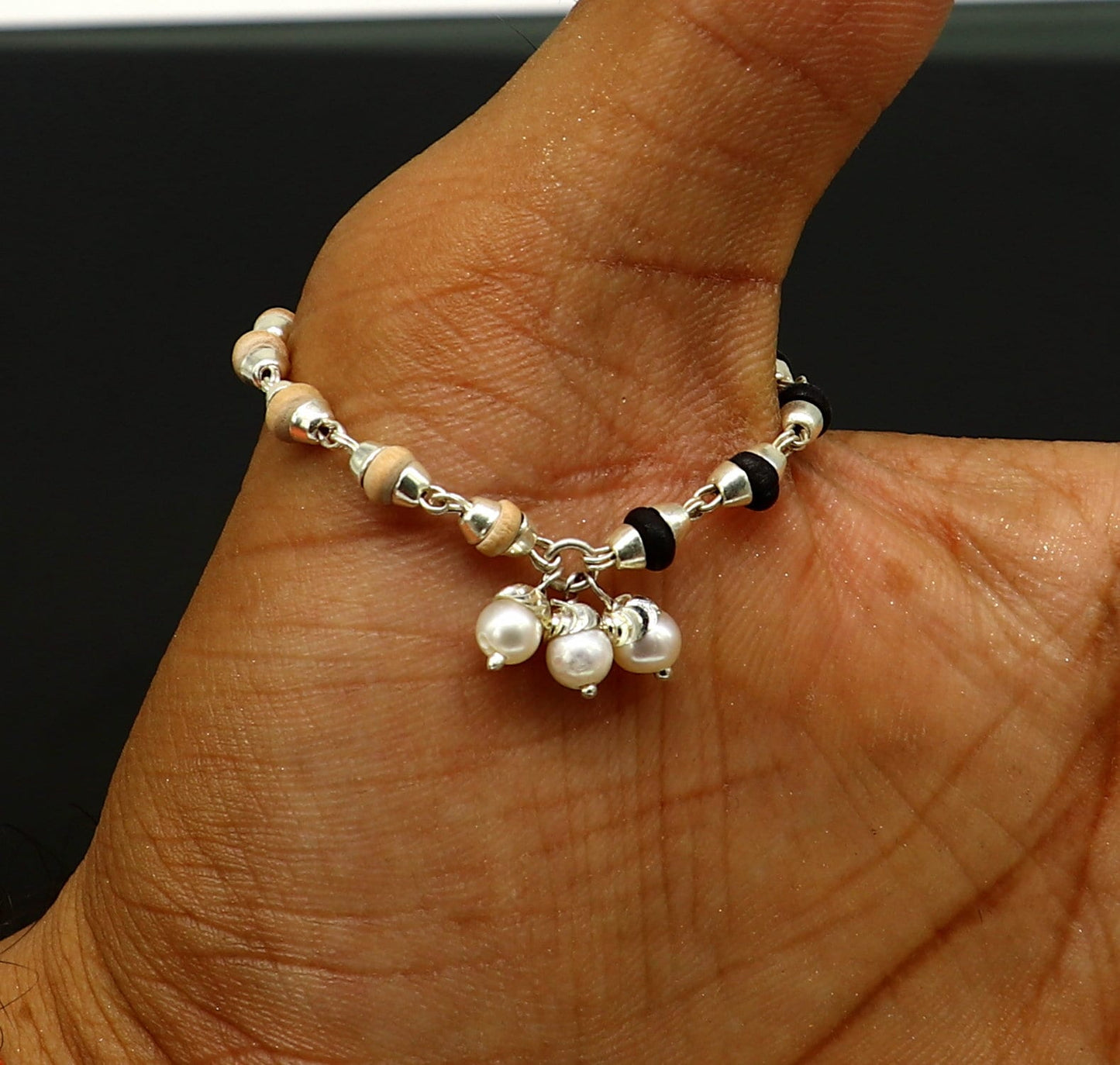 4.5 inches long handmade basil rosary beaded bracelet or necklace for baby krishna figurine or sculpture, best puja tulsi neckace sbr222 - TRIBAL ORNAMENTS