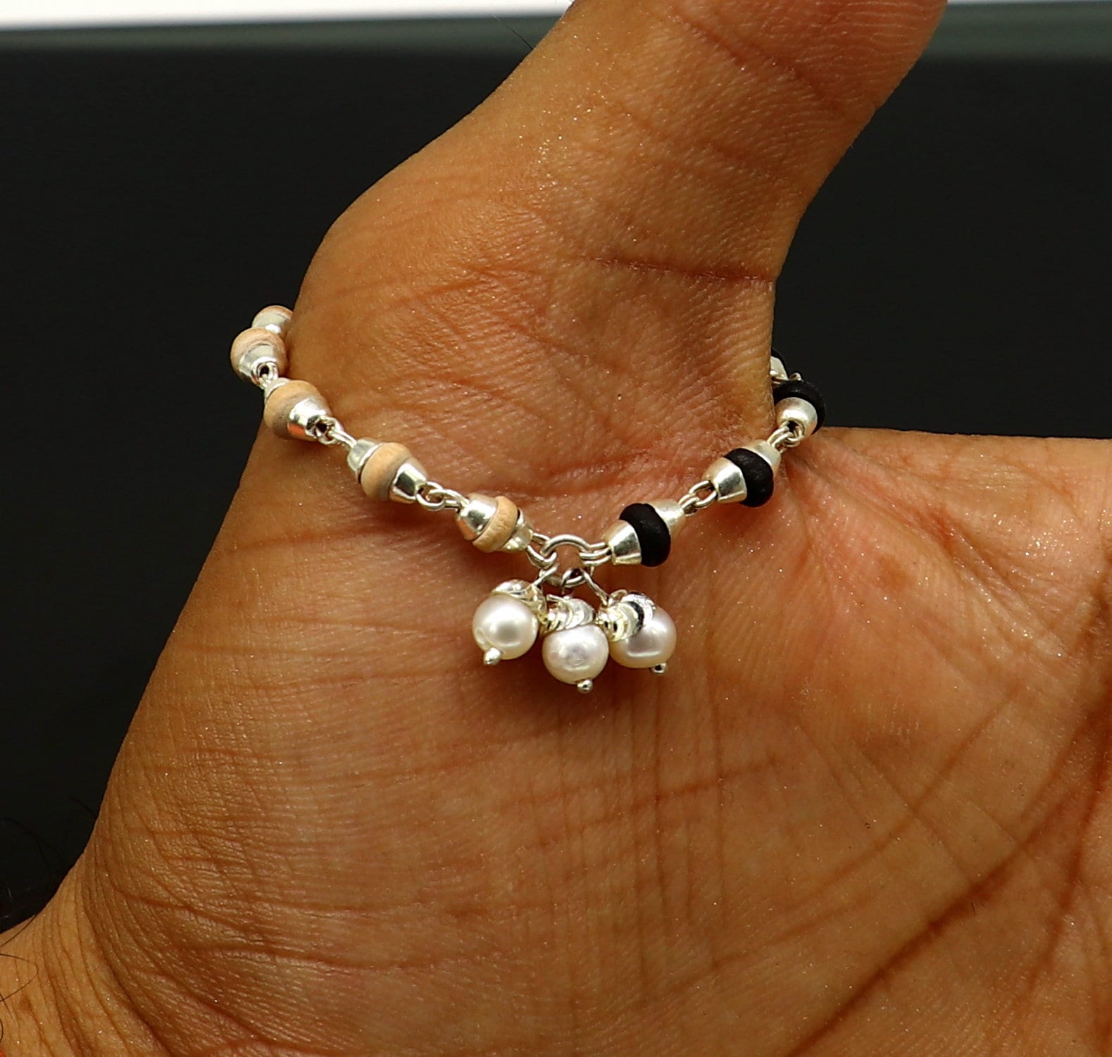 4.5 inches long handmade basil rosary beaded bracelet or necklace for baby krishna figurine or sculpture, best puja tulsi neckace sbr222 - TRIBAL ORNAMENTS