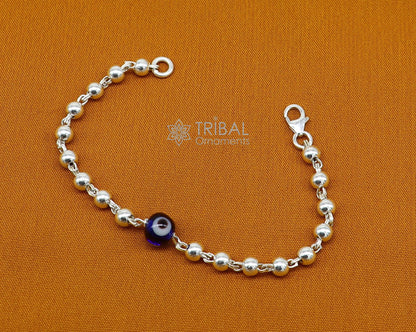 Silver evil eye beaded bracelet or anklet for girls and kids, featuring 925 sterling silver beads and traditional Nazarbattu design.