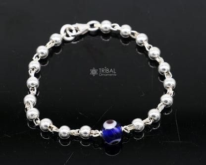 Sterling silver beaded evil eye bracelet or anklet for girls and kids, featuring a protective Nazariya design by Tribal Ornaments.
