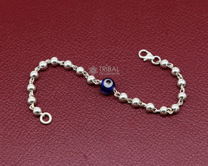 Sterling silver evil eye beaded bracelet or anklet for girls and kids, featuring a protective Nazariya design by TRIBAL ORNAMENTS.