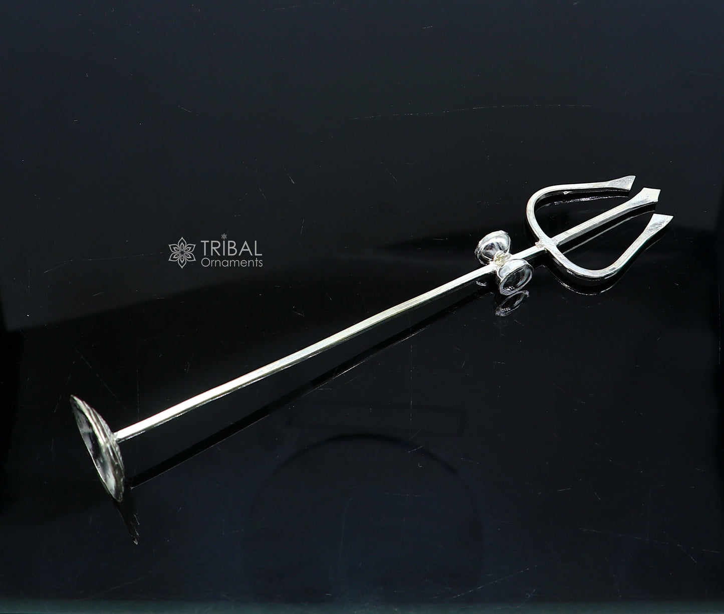 Sterling silver Lord Shiva Trident Trishul, Hindu puja utensil and goddess accessory, intricately designed from India.