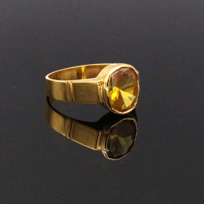 22K yellow gold handmade ring with yellow Citrine sunela stone, featuring jadau jewelry craftsmanship from Rajasthan, India.