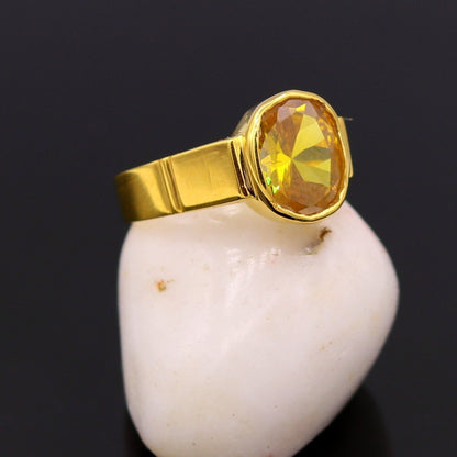 22K yellow gold handmade ring with vibrant yellow citrine stone, tribal jadau jewelry from Rajasthan India.