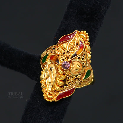 22KT yellow gold handmade filigree work ring by Tribal Ornaments, elegant unisex band from Rajasthan, India.