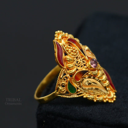 22KT yellow gold handmade filigree work ring by TRIBAL ORNAMENTS, unisex band with intricate design, perfect gift from Rajasthan, India.