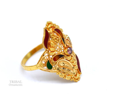 22KT yellow gold handmade filigree ring by TRIBAL ORNAMENTS, elegant unisex band with intricate tribal design from Rajasthan, India.
