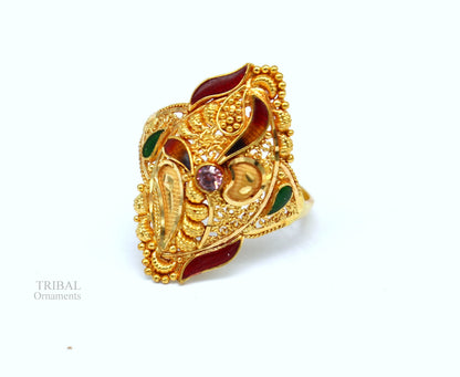 22KT yellow gold handmade filigree ring by TRIBAL ORNAMENTS, elegant unisex band with intricate tribal craftsmanship from Rajasthan.