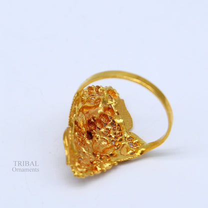 22KT yellow gold handmade filigree ring by Tribal Ornaments, elegant unisex band with intricate craftsmanship from Rajasthan, India.