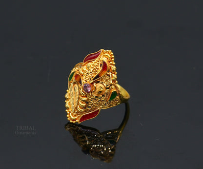 22KT yellow gold handmade filigree work ring by TRIBAL ORNAMENTS, elegant unisex band from Rajasthan, India.