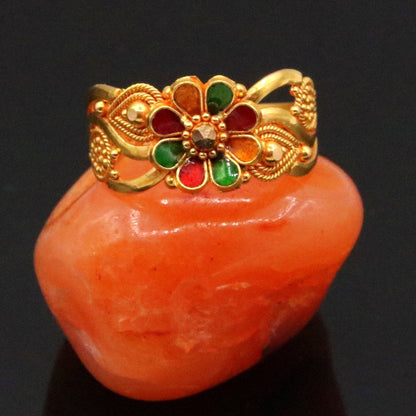 22KT yellow gold handmade filigree ring band from Rajasthan, India, featuring intricate traditional tribal design, unisex jewelry.