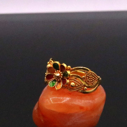 22KT yellow gold handmade filigree ring band, unisex traditional jewelry from Rajasthan, India, with intricate craftsmanship.