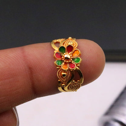 22KT yellow gold handmade filigree ring band from Rajasthan, India, featuring intricate traditional unisex jewelry design.