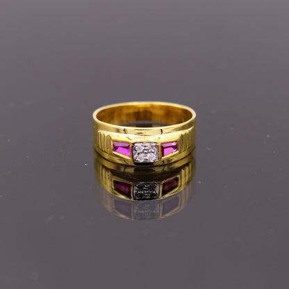 22KT yellow gold handmade Jadau stone ring band, unisex traditional jewelry from Rajasthan, India, featuring intricate craftsmanship.