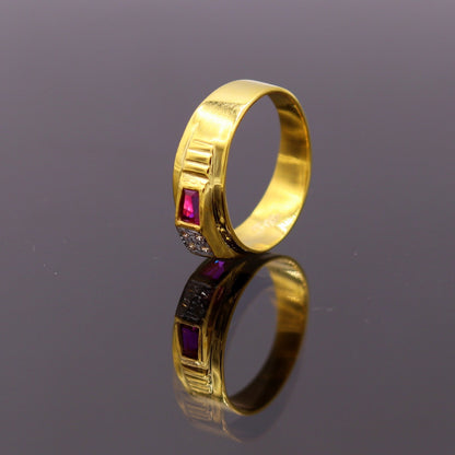 22KT yellow gold handmade Jadau stone ring band, unisex traditional jewelry from Rajasthan, India, featuring intricate craftsmanship.