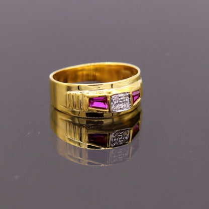 22KT yellow gold handmade Jadau stone ring band, unisex traditional jewelry from Rajasthan, India, showcasing intricate craftsmanship.