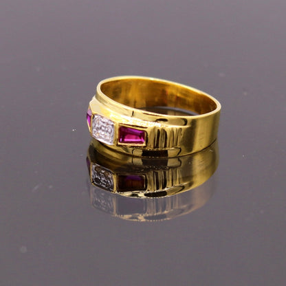 22KT yellow gold handmade Jadau stone ring band from Rajasthan, India, featuring traditional unisex jewelry design by Tribal Ornaments.