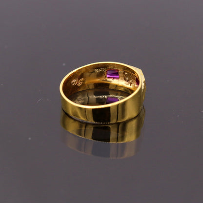 22KT yellow gold handmade Jadau stone ring band, unisex traditional jewelry from Rajasthan, India, with intricate design details.