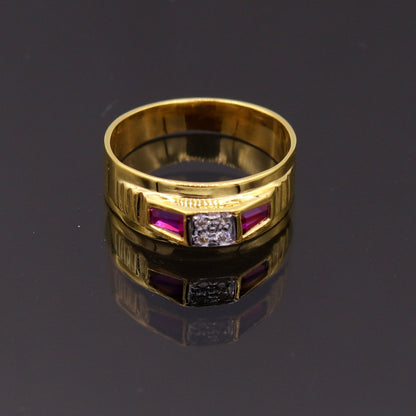 22KT yellow gold handmade Jadau stone ring band, unisex traditional jewelry from Rajasthan, India, featuring intricate craftsmanship.