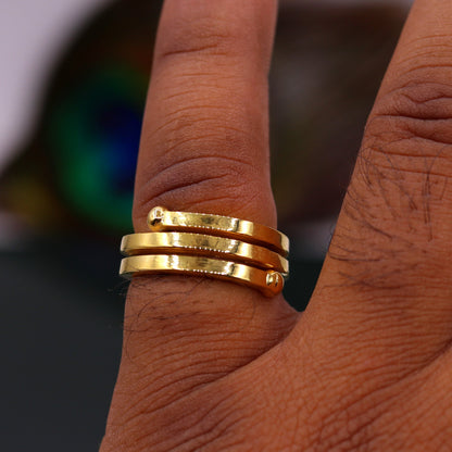 22KT yellow gold handmade spiral ring by TRIBAL ORNAMENTS, vintage antique design, unisex band with intricate detailing.