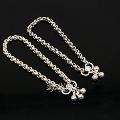 Pair of sterling silver rolo chain anklets for kids and women, featuring sparkling, delicate silver jewelry from TRIBAL ORNAMENTS.