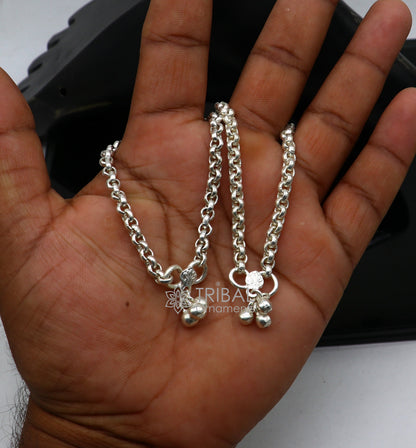 Pair of delicate sterling silver rolo chain anklets in various sizes, sparkling and suitable for kids and women, by TRIBAL ORNAMENTS.