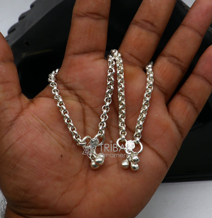 Pair of delicate 925 sterling silver rolo chain anklets with sparkling finish, suitable for kids and women, by TRIBAL ORNAMENTS.