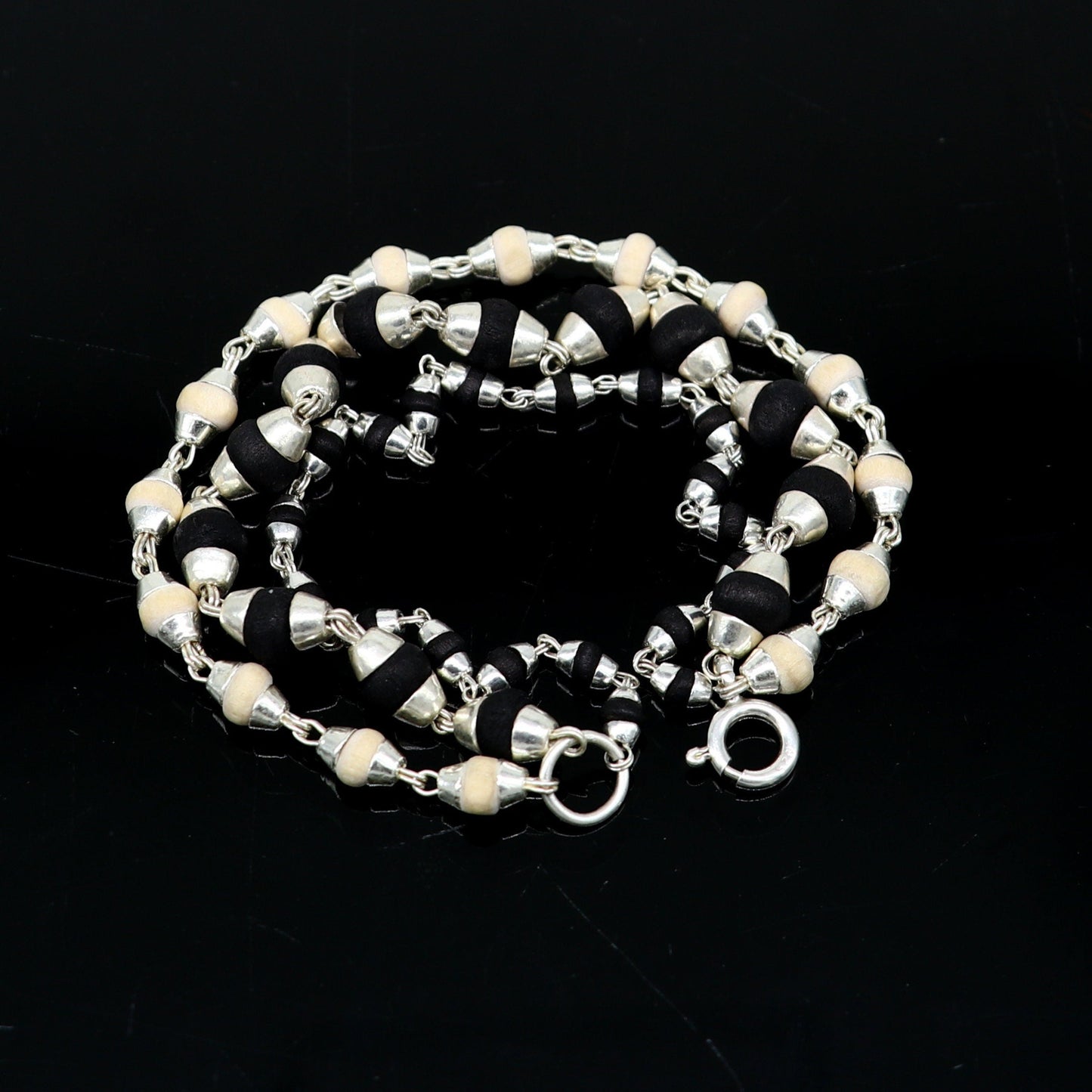 Black and white holy basil rosary plant /tulsi plant wood beaded Sterling silver handmade fabulous 3 line bracelet jewelry India sbr264 - TRIBAL ORNAMENTS