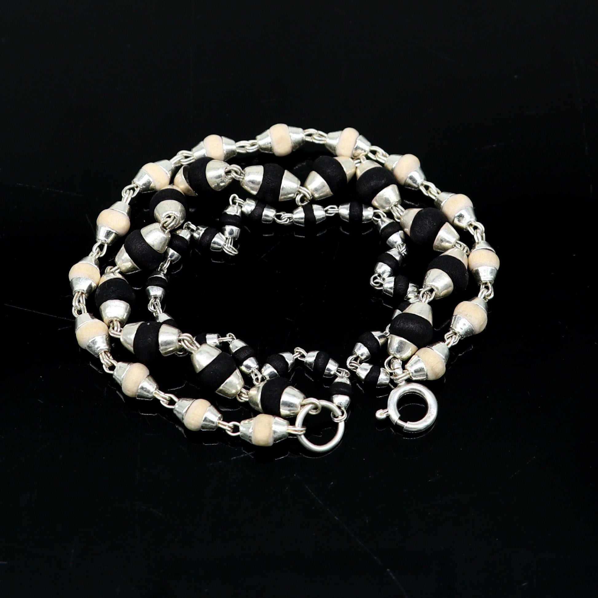Black and white holy basil rosary plant /tulsi plant wood beaded Sterling silver handmade fabulous 3 line bracelet jewelry India sbr264 - TRIBAL ORNAMENTS