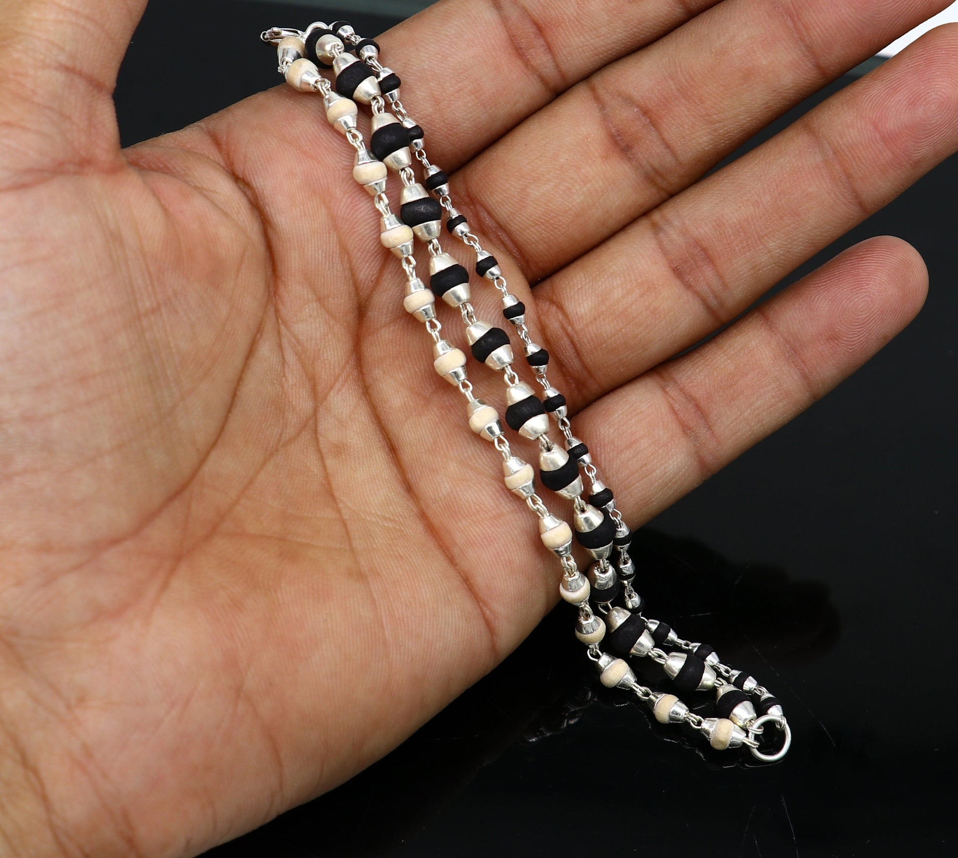 Black and white holy basil rosary plant /tulsi plant wood beaded Sterling silver handmade fabulous 3 line bracelet jewelry India sbr264 - TRIBAL ORNAMENTS