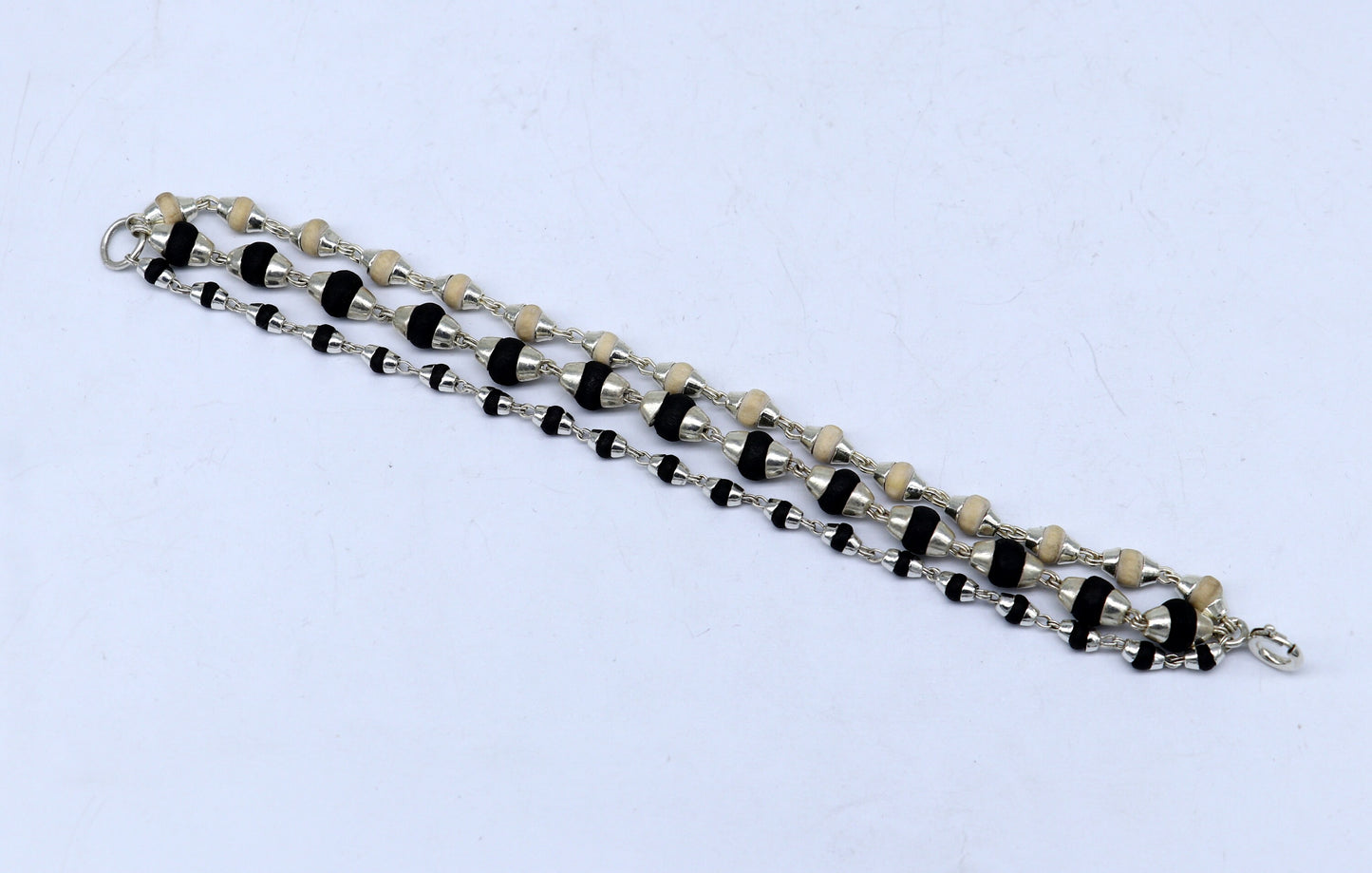 Black and white holy basil rosary plant /tulsi plant wood beaded Sterling silver handmade fabulous 3 line bracelet jewelry India sbr264 - TRIBAL ORNAMENTS