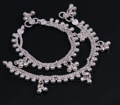 Vintage sterling silver baby anklet with hanging bell charms, handmade tribal design, from India, by TRIBAL ORNAMENTS.