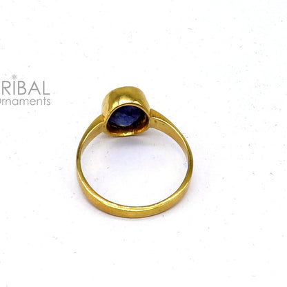 Handmade 22KT yellow gold unisex ring with blue sapphire Neelam stone, zodiac jewelry from Rajasthan, India by Tribal Ornaments.