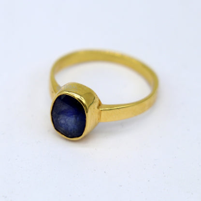 22KT yellow gold handmade blue sapphire (Neelam) unisex ring featuring zodiac stone design from Rajasthan, India.