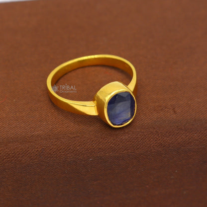 Handmade 22KT yellow gold unisex ring with blue sapphire Neelam stone, tribal design from Rajasthan, India, zodiac jewelry.