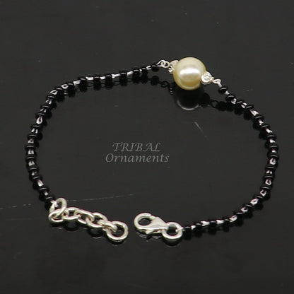 925 sterling silver Nazariya bracelet with black beads, protective jewelry for girls, stylish tribal ornament from India