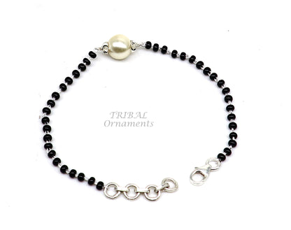 925 sterling silver customized black beads Nazariya bracelet with protective evil eye design, stylish jewelry for girls by TRIBAL ORNAMENTS