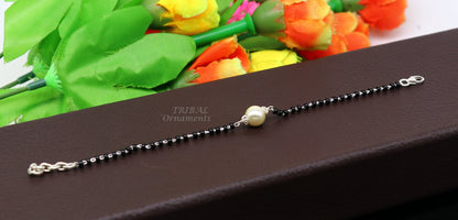 Sterling silver Nazariya bracelet with black beads, customized design, stylish jewelry for girls, tribal ornaments brand.