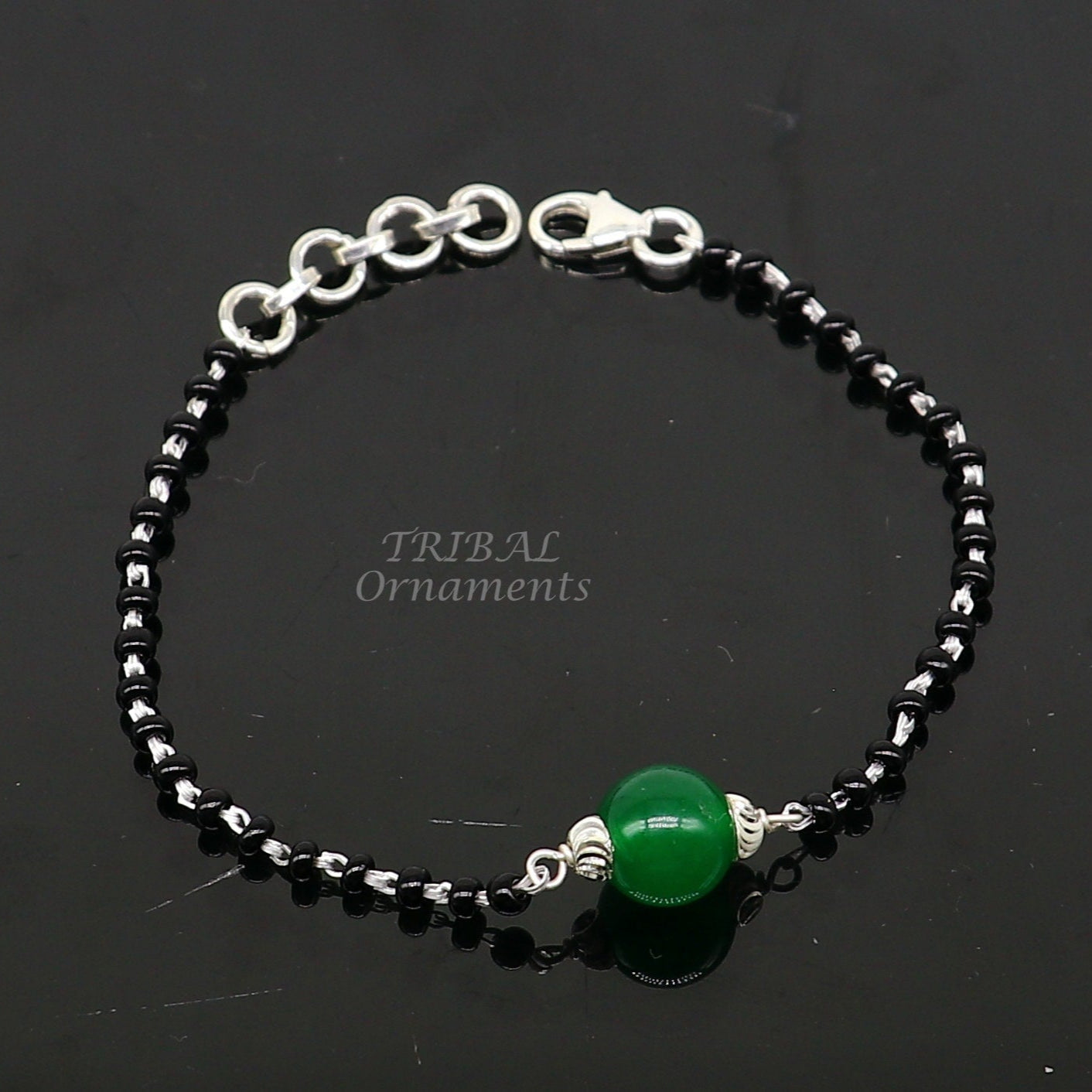 925 sterling silver customized black beads Nazariya bracelet with green onyx, Best girl's gifting bracelet stylish jewelry india sbr452 - TRIBAL ORNAMENTS