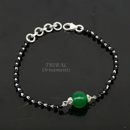 925 sterling silver customized black beads Nazariya bracelet with green onyx, Best girl's gifting bracelet stylish jewelry india sbr452 - TRIBAL ORNAMENTS