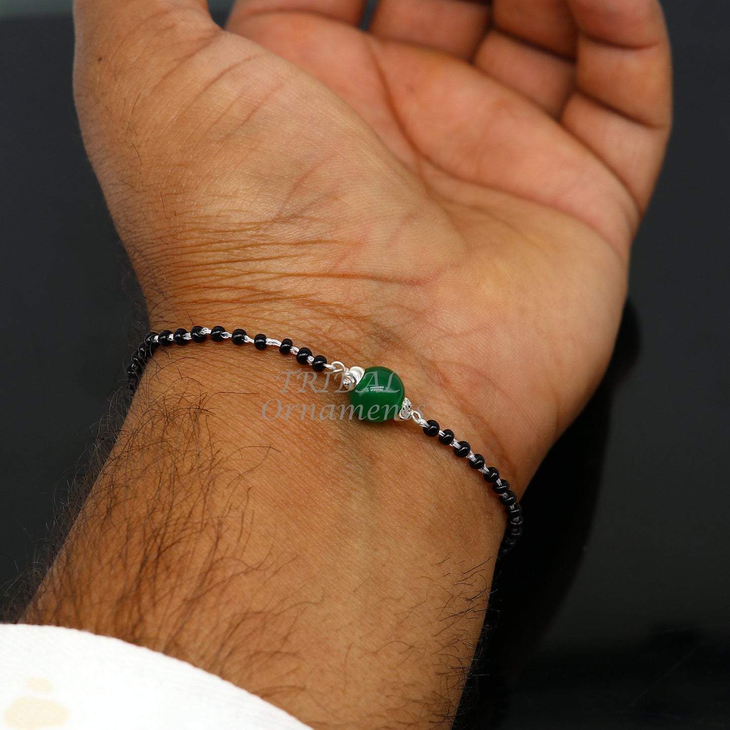 925 sterling silver customized black beads Nazariya bracelet with green onyx, Best girl's gifting bracelet stylish jewelry india sbr452 - TRIBAL ORNAMENTS