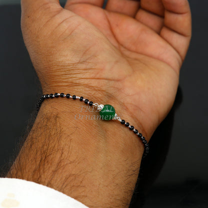 925 sterling silver customized black beads Nazariya bracelet with green onyx, Best girl's gifting bracelet stylish jewelry india sbr452 - TRIBAL ORNAMENTS