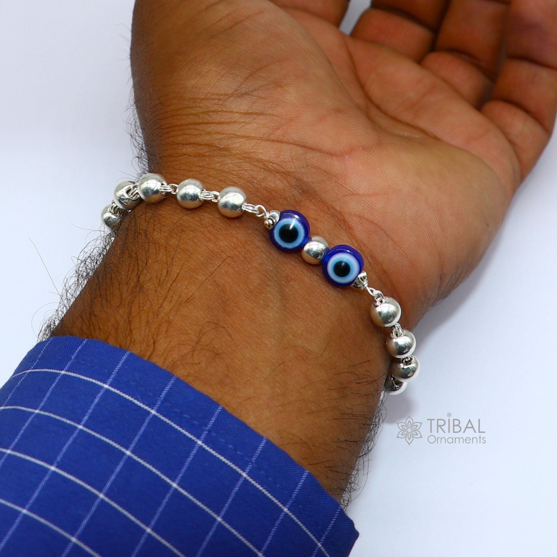 925 sterling silver handmade silver beaded evil eye bracelet, amazing stylish unisex cultural trendy bracelet all sizes jewelry sbr465 - TRIBAL ORNAMENTS