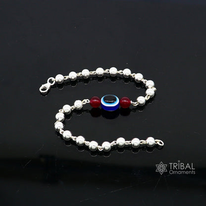 Unisex handmade 925 sterling silver evil eye bracelet with silver beads, stylish tribal design, cultural jewelry by TRIBAL ORNAMENTS.