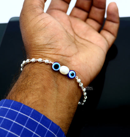 925 sterling silver handmade silver beaded evil eye bracelet, chunky stylish unisex cultural trendy bracelet all sizes jewelry sbr470 - TRIBAL ORNAMENTS