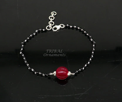 Tribal ORNAMENTS 925 sterling silver black beaded bracelet and anklet combo, modern cultural jewelry with intricate bead design.