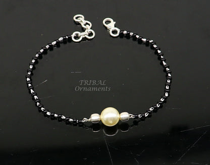925 sterling silver tribal black beaded bracelet or anklet with adjustable sizes, traditional cultural design by TRIBAL ORNAMENTS.