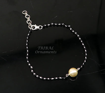 925 sterling silver cultural black beaded girls bracelet and anklet combo, featuring traditional design and adjustable sizes by TRIBAL ORNAMENTS.